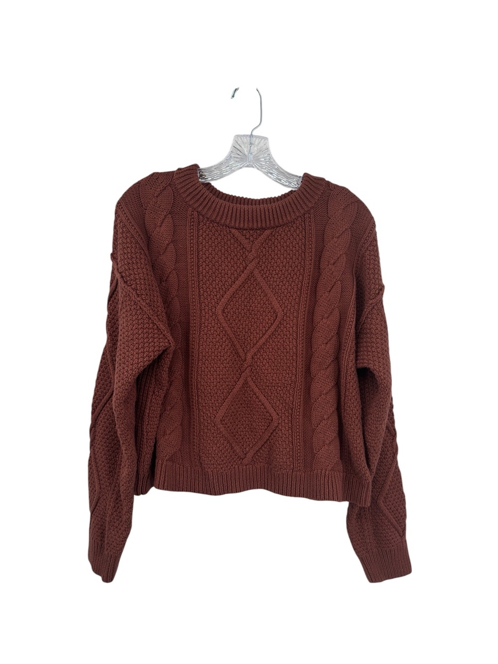 Quince Women’s 100%Organic Cotton Cropped Cable Crew Sweater Sz L Redwood Brown